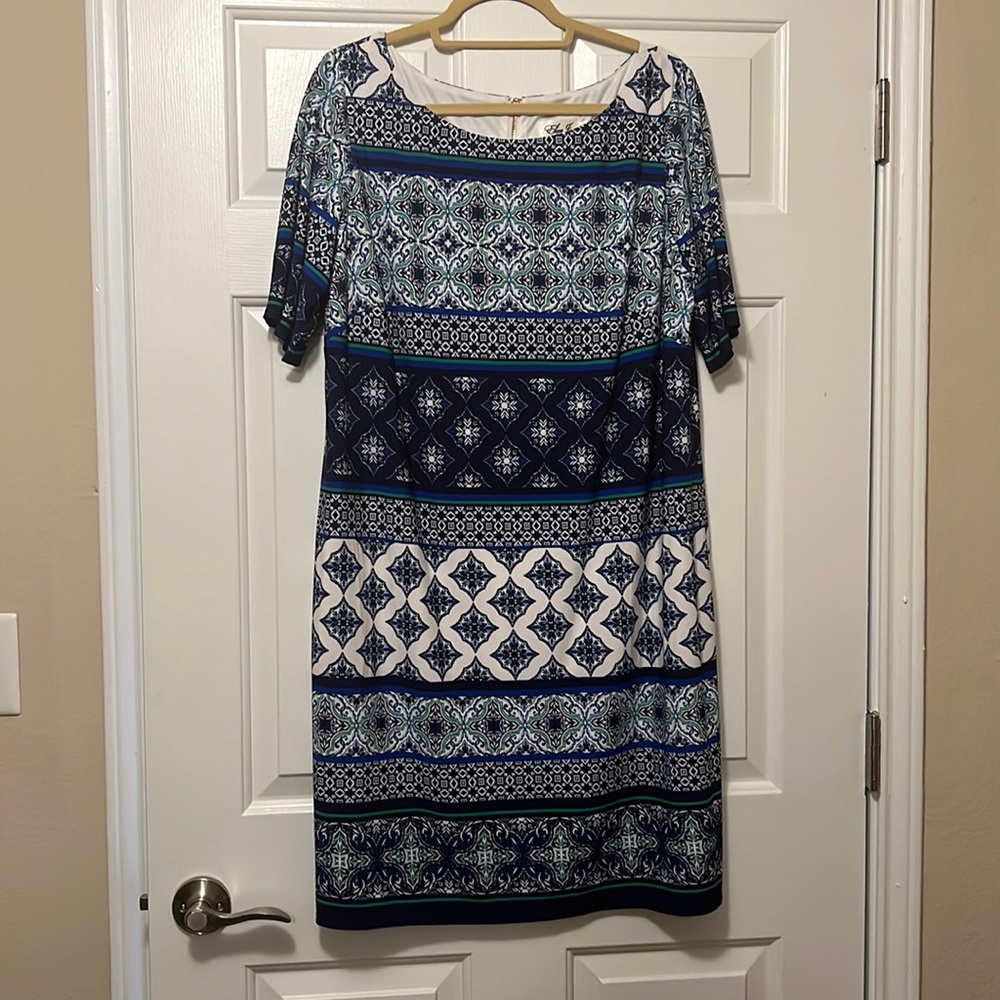 Eliza J Short-Sleeve Dress with Blue, White and Green tile pattern, 16W